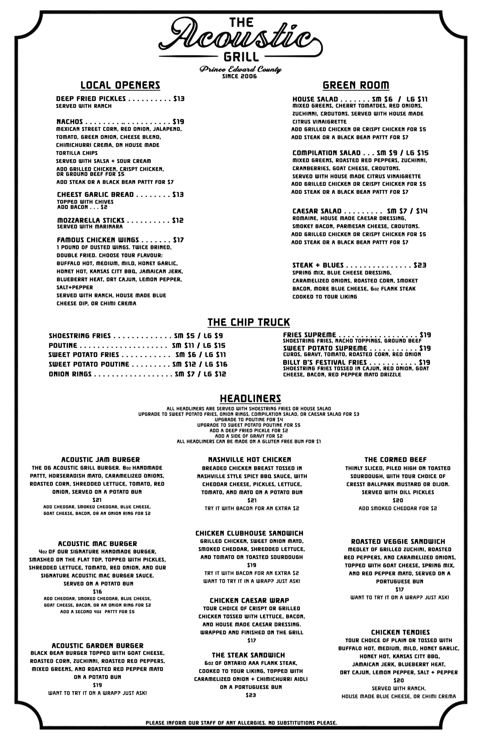 The Acoustic Grill food menu — Summer 2026: local openers, salads, fries, and headliner burgers and sandwiches.